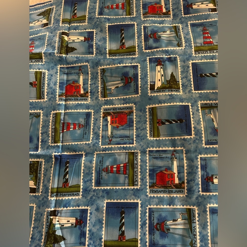 Lighthouse Stamps Print Fabric Nautical Theme Quilters 2009 Print 42”x36”